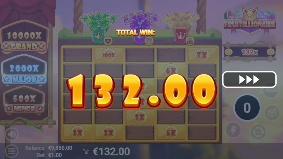Fruitillionaire slot game interface with colorful fruit characters
